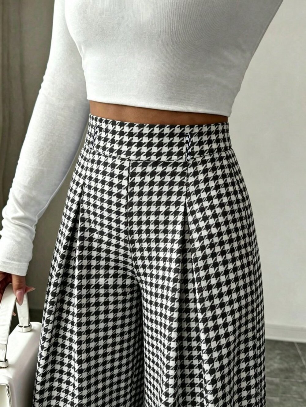 Black And White Casual Women's Houndstooth Mid-Waist Wide Leg Trousers - Picture 3 of 7